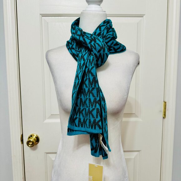 MICHAEL KORS MK SIGNATURE LOGO 100% ACRYLIC KNIT SCARF GREEN BLACK 66X9.5 - Picture 3 of 6